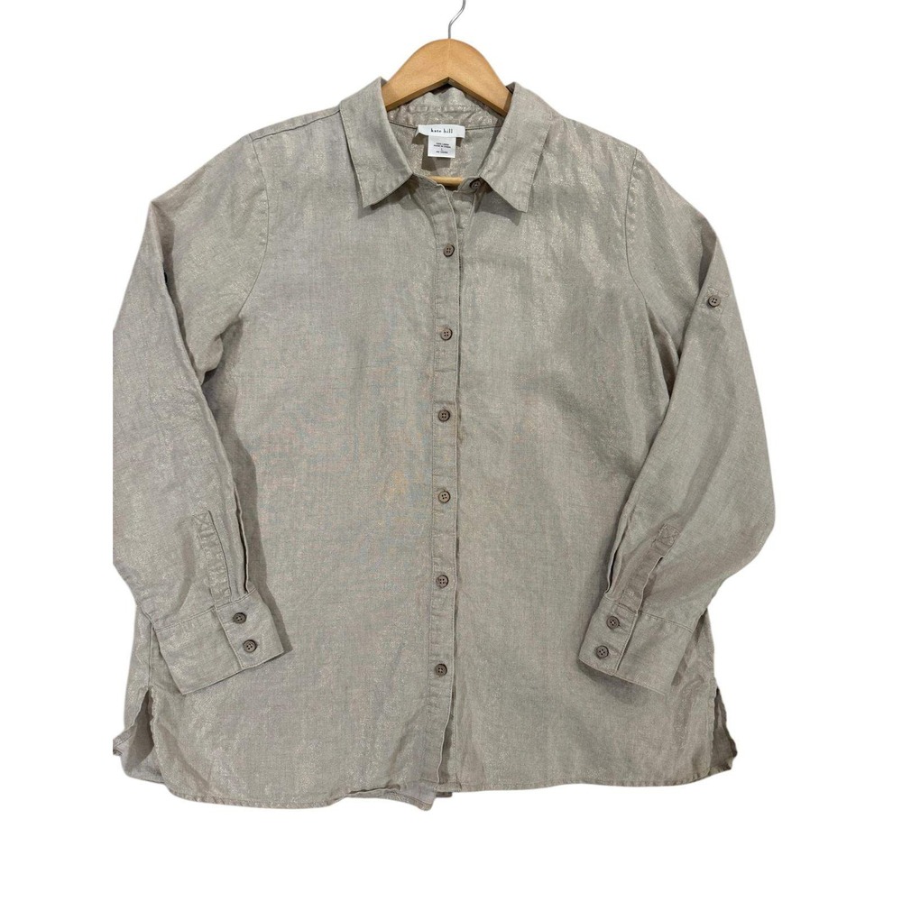 Kate Hill 100% Linen Metallic‎ Gold Shimmer Button Down Shirt Tunic L Lagenlook